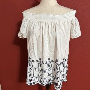 White Off-Shoulder Top with Black Embroidery